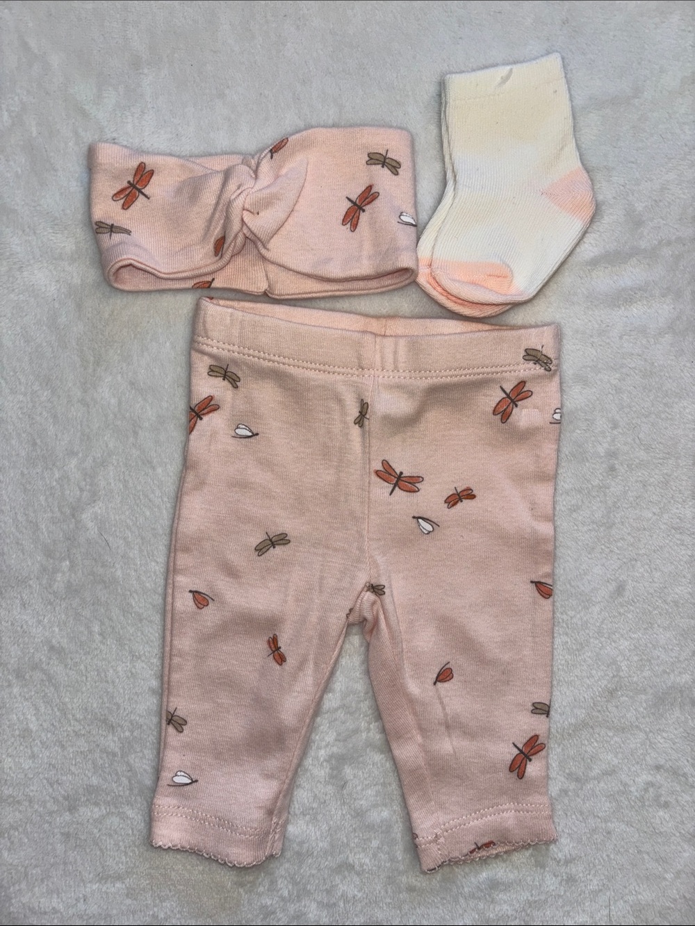 (3 for $10) carters Girls Pink Dragonfly Leggings, Headband & Socks Set newborn